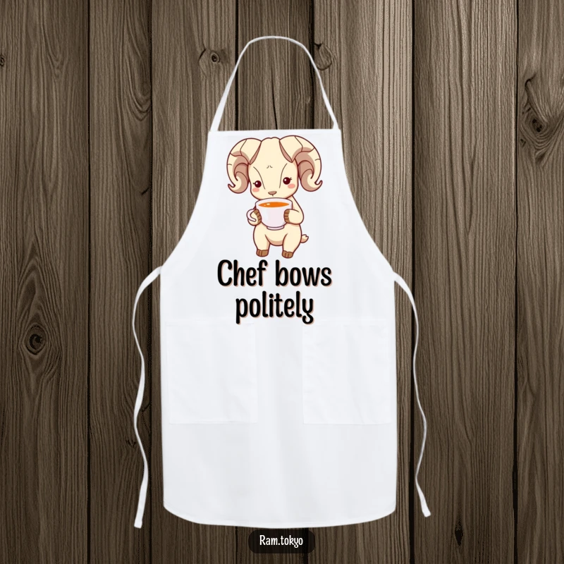 Funny Bowing Ram Apron: Ram character with simple dot eyes bowing politely, holding a tea cup, designed for the courteous cook.