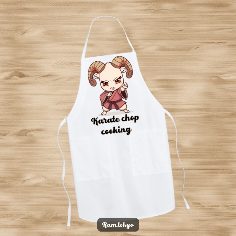 Funny Martial Arts Ram Kimono Apron showing a ram in a fighting pose, wearing a kimono, ideal for a humorous cooking experience.