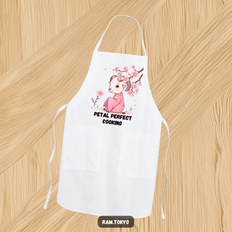 Funny Silk Kimono Ram Apron showing a ram in a kimono admiring cherry blossoms, ideal for a serene and humorous cooking experience.