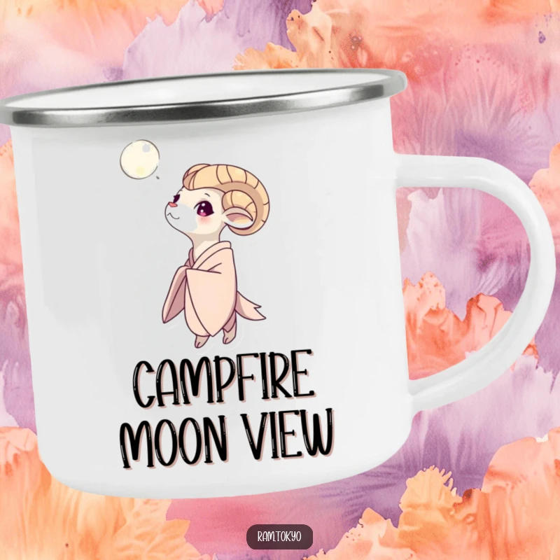 Funny Moon Gazing Ram Camping Mug: Sturdy mug featuring a ram in a kimono looking up at a serene moonlit sky.