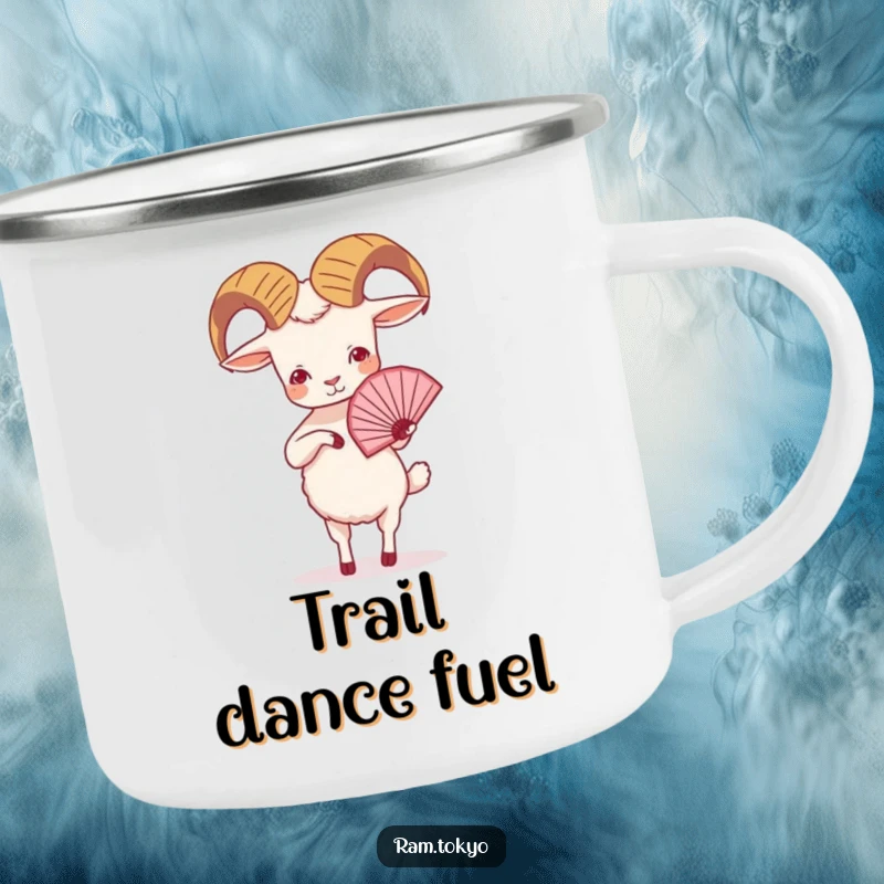 Funny Ram Fan Dance Camping Mug: Sturdy mug featuring a small ram with tiny legs gracefully dancing with a fan in nature.