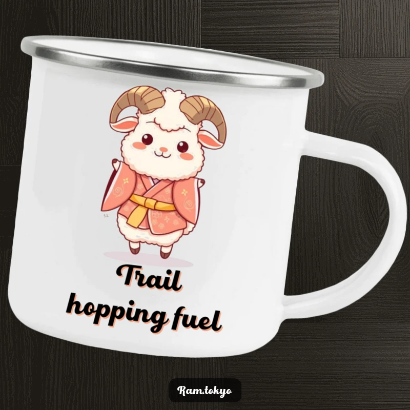 Funny camping mug with a fluffy ram in a festive kimono, joyfully hopping, perfect for outdoor celebrations.