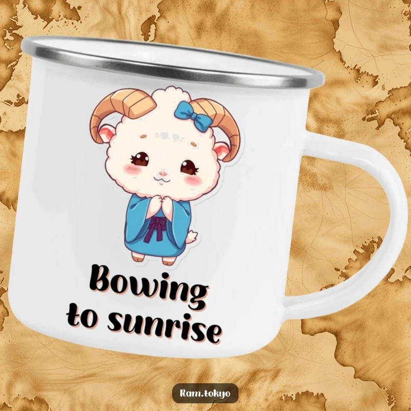 Funny Ram Kimono Camping Mug featuring a cute, fluffy ram in a blue kimono bowing gracefully, perfect for outdoors.