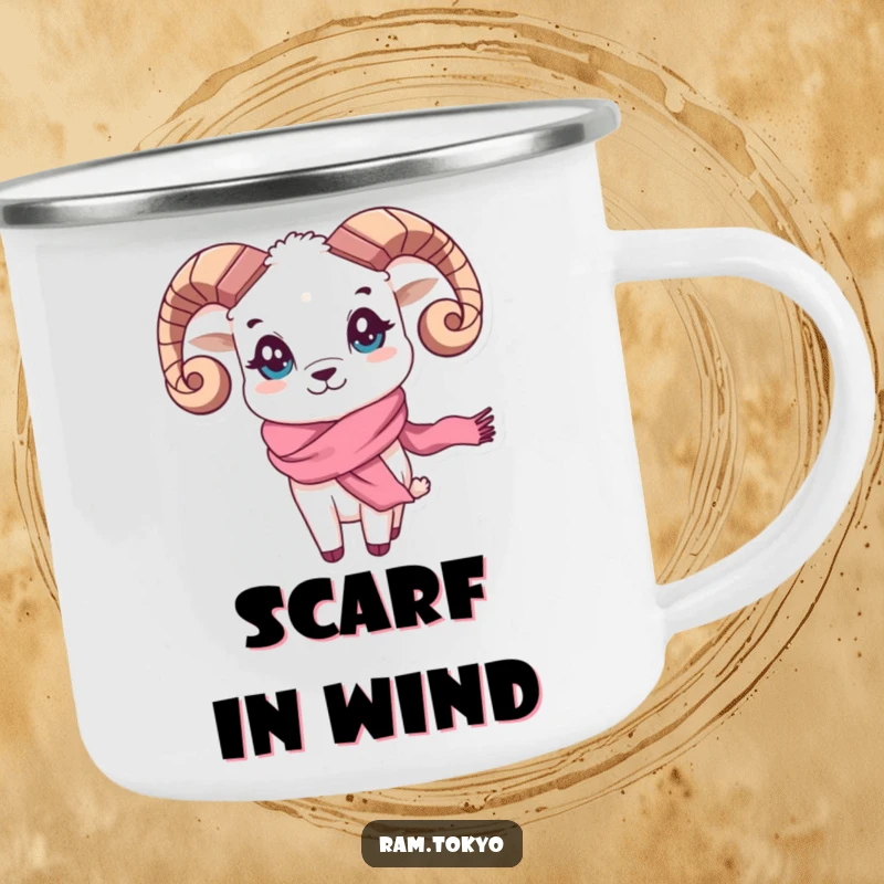 Funny Waving Scarf Ram Camping Mug: Sturdy mug featuring a playful ram with a beautiful silk scarf waving energetically.