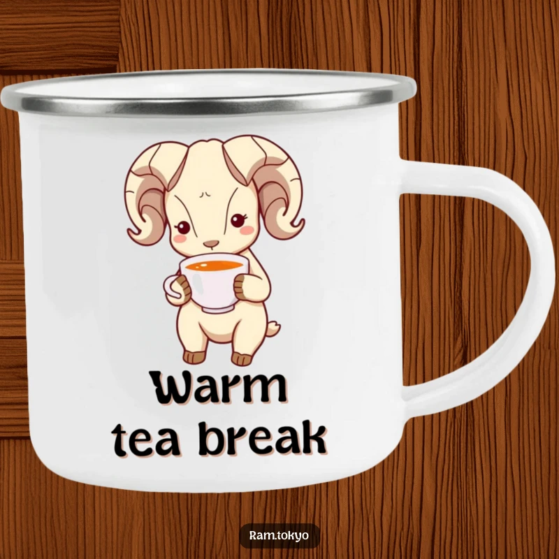 Funny Bowing Ram Camping Mug: Sturdy mug featuring a ram with simple dot eyes bowing politely and holding a tea cup.