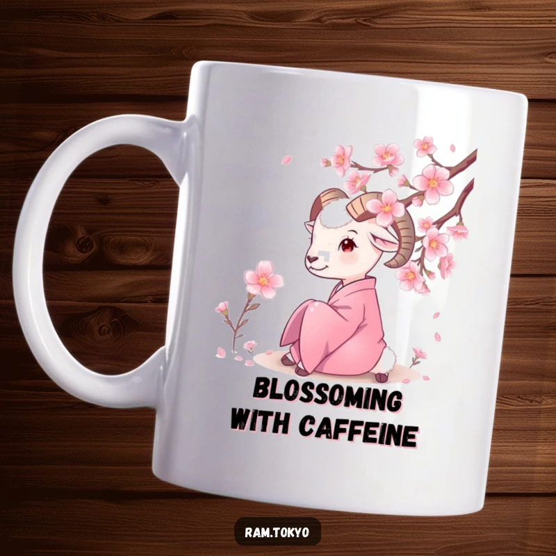 Funny Serene Ram Kimono Mug showing a ram in a silk kimono peacefully admiring a blooming cherry blossom branch.