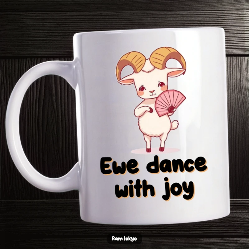 Funny Ram Fan Dance Mug: Adorable small ram with tiny legs gracefully executing a beautiful fan dance, captivating and charming.