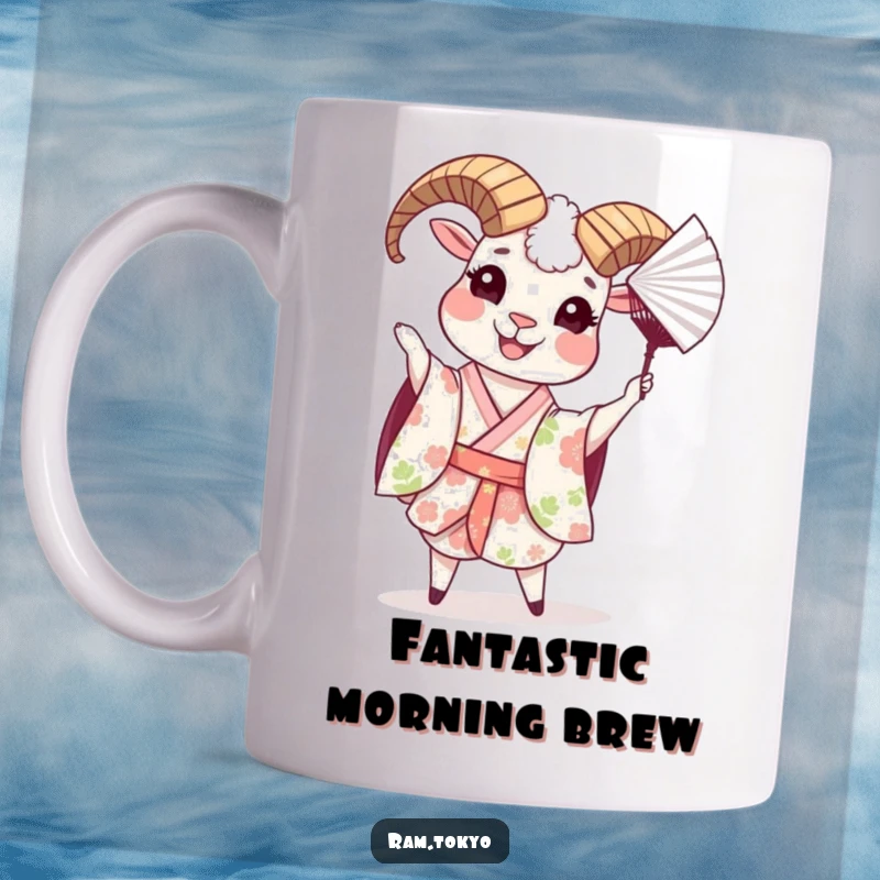 Funny mug featuring a cheerful ram in a floral kimono, playfully tossing a paper fan with a happy expression.
