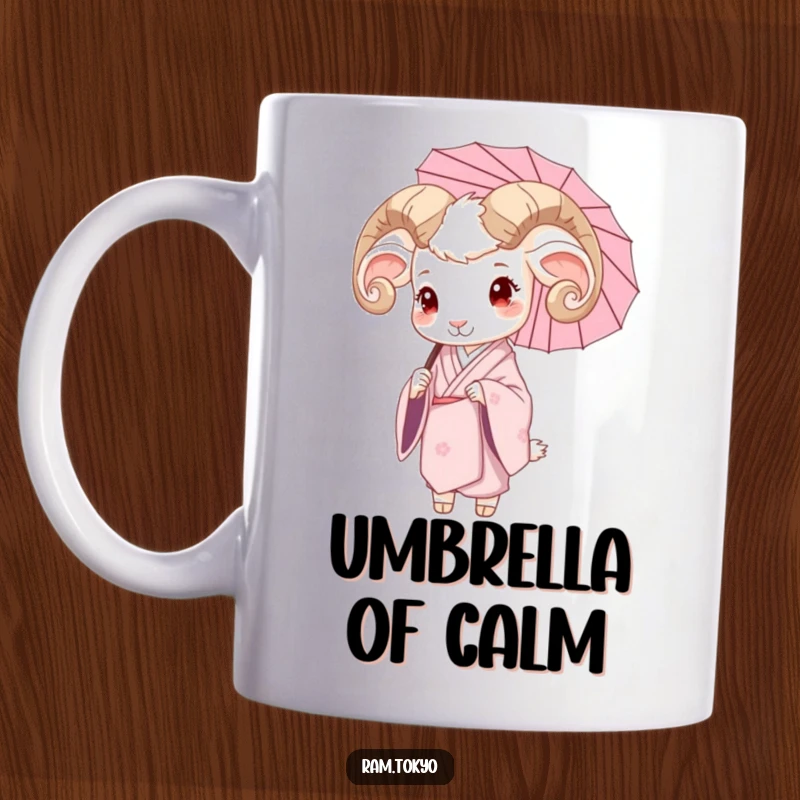 Funny mug with a serene ram in a silk kimono, holding a delicate umbrella, exuding peaceful elegance.