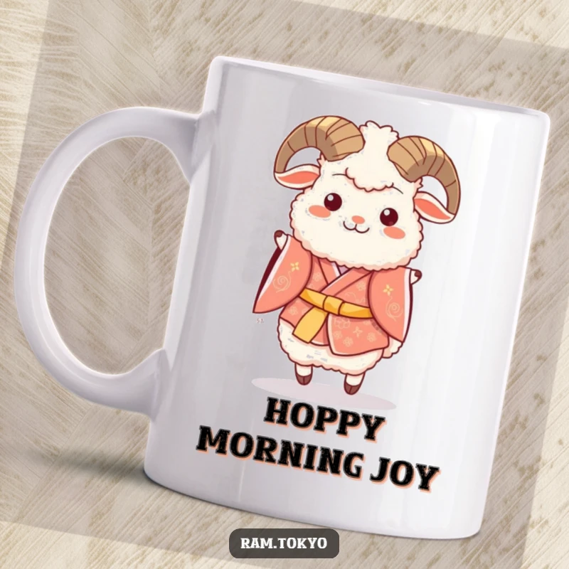 Funny mug showing a fluffy ram in a festive kimono, doing a little happy hop with excitement and joy.