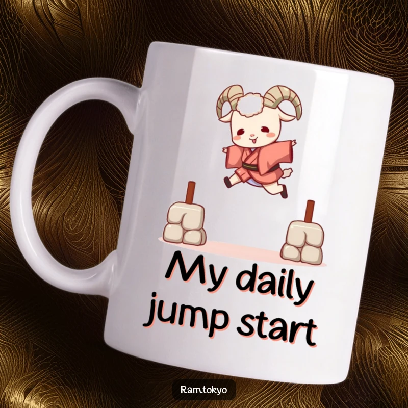 Funny Leaping Ram Kimono Mug showing a ram in a short kimono joyfully jumping over a barrier with a big smile.