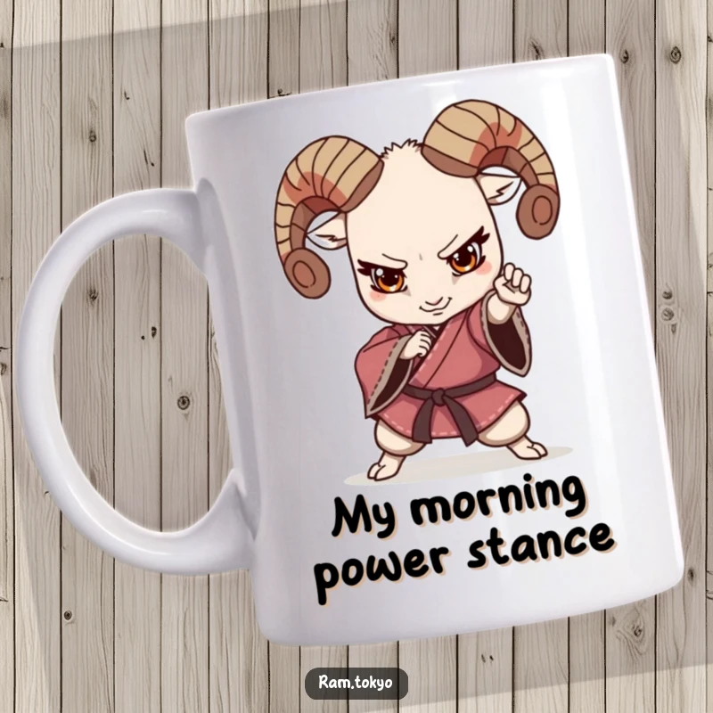 Funny Martial Arts Ram Kimono Mug showing a ram in a determined fighting pose, ready to strike with intense focus and power.
