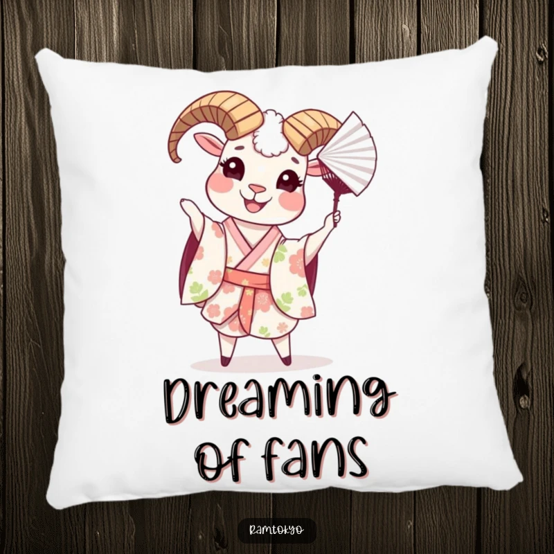 Funny pillow with a happy ram in a floral kimono, playfully tossing a paper fan, adding a touch of whimsy.