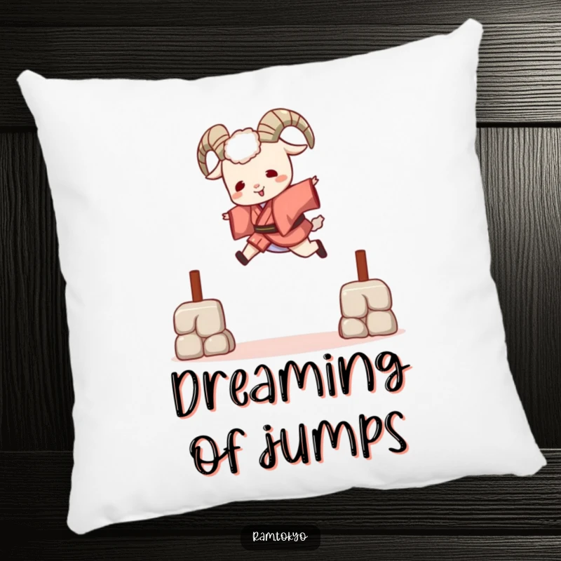 Funny Playful Ram Kimono Pillow showing a ram in a short kimono leaping over a barrier, perfect for adding a cheerful touch.
