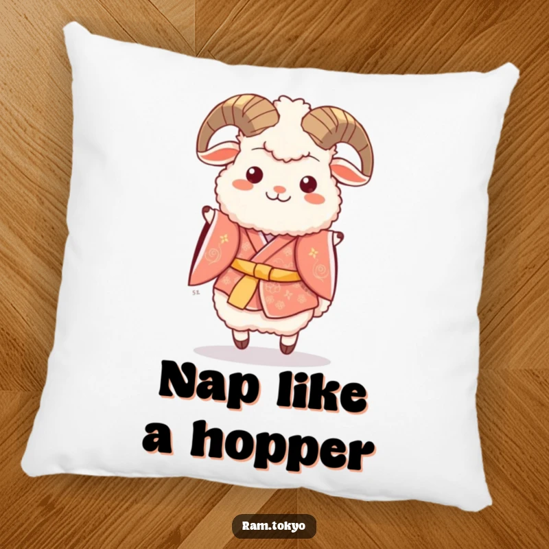Funny pillow with a fluffy ram in a festive kimono, joyfully doing a happy hop for comfort and cheer.