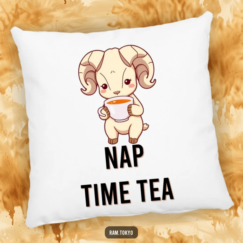Funny Bowing Ram Pillow: Soft decorative cushion featuring a ram with simple dot eyes bowing politely, holding a tea cup.
