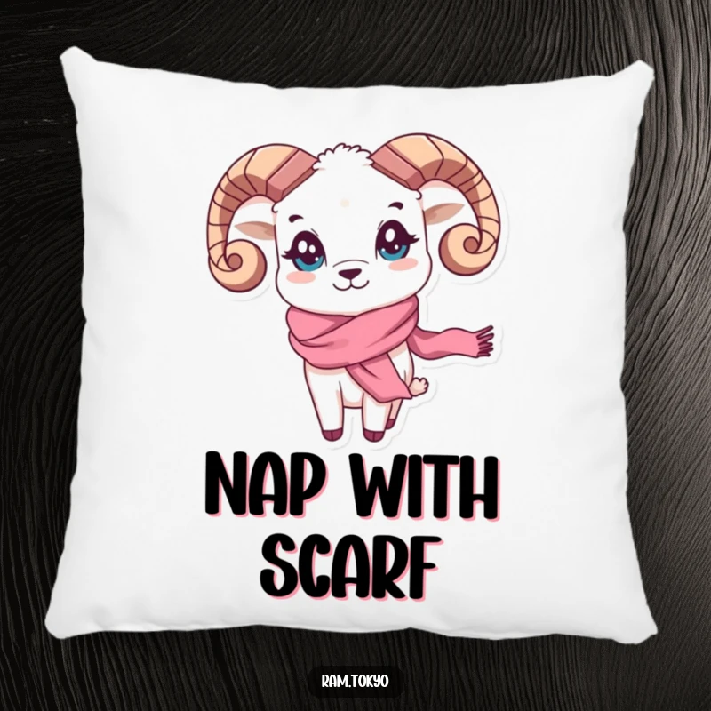 Funny Waving Scarf Ram Pillow: Soft decorative cushion featuring a playful ram with a beautiful silk scarf waving hello.