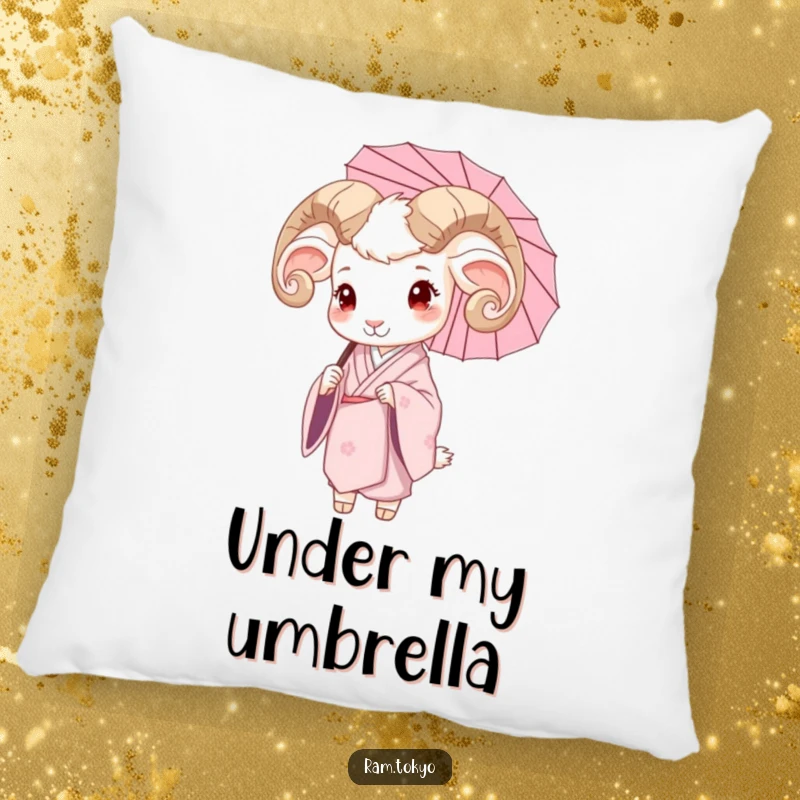 Funny pillow with a peaceful ram in a silk kimono, holding a delicate umbrella for serene comfort and decor.