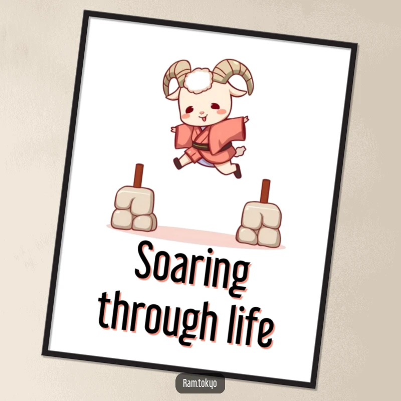 Funny Leaping Ram Kimono Digital Art Print showing a ram in a short kimono joyfully leaping over a barrier, full of playful energy.