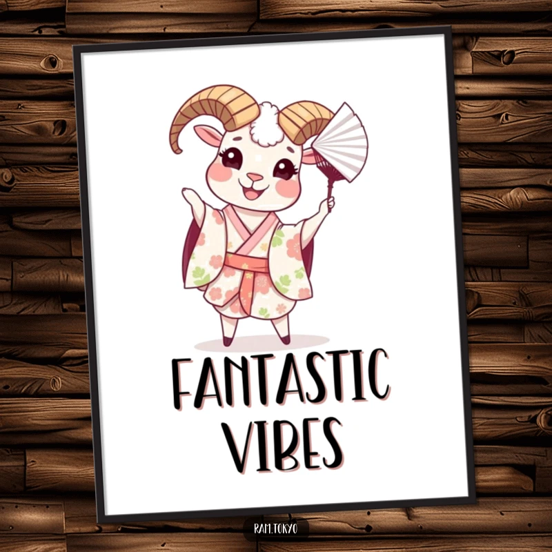 Funny digital art print of a cheerful ram in a floral kimono, playfully tossing a paper fan, for instant decor.