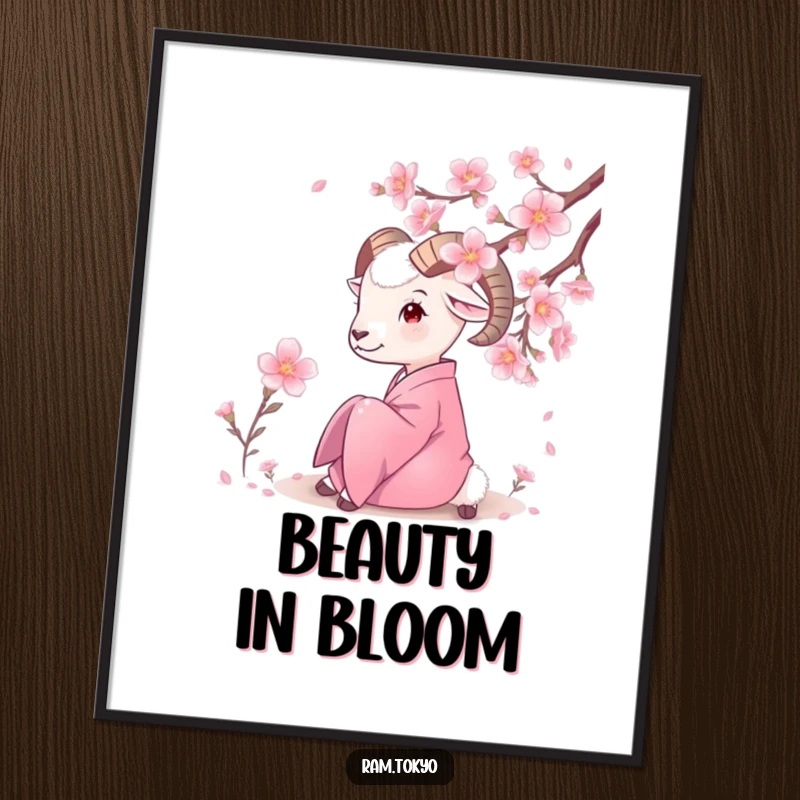 Funny Serene Ram Kimono Digital Art Print showing a ram in a silk kimono admiring blooming cherry blossoms, conveying peaceful humor.