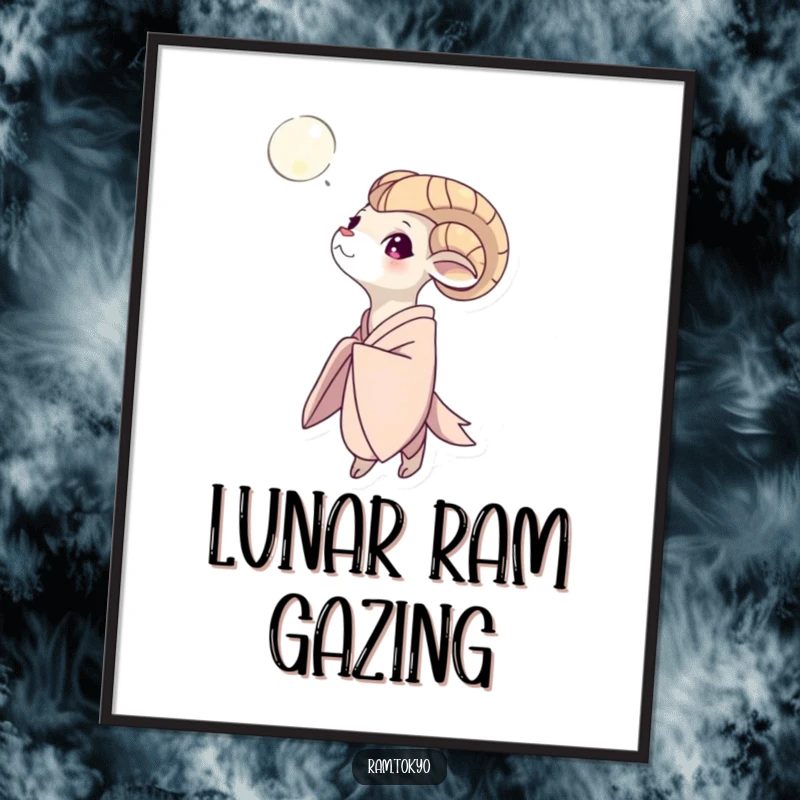 Funny Moon Gazing Ram Digital Art Print: Ram in a flowing kimono looking up at the moon, evoking peace and wonder.