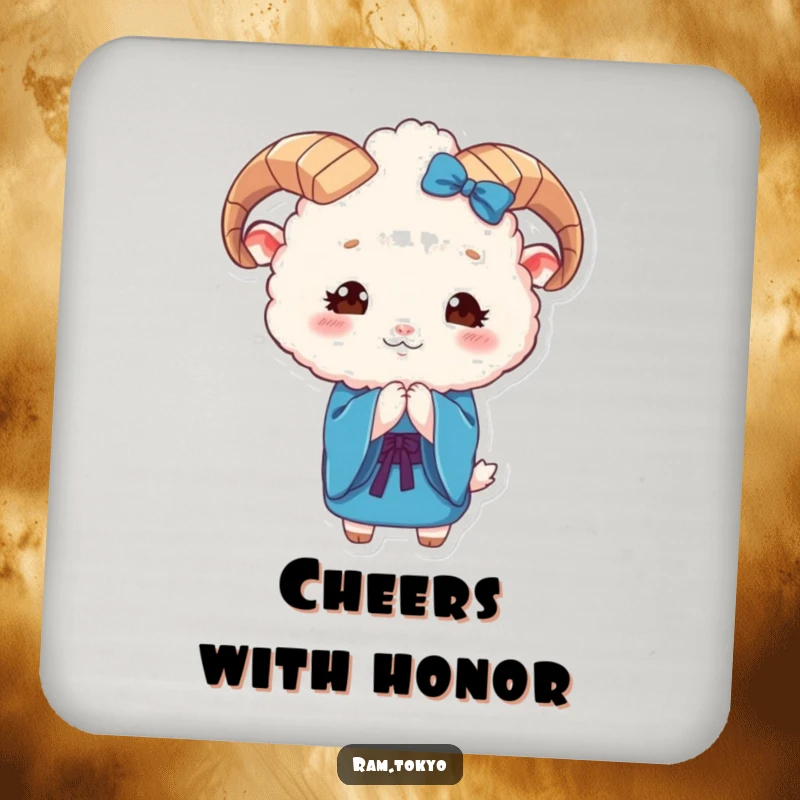 Funny Ram Kimono Coaster featuring a cute, fluffy ram in a blue kimono bowing gracefully, perfect for decor.