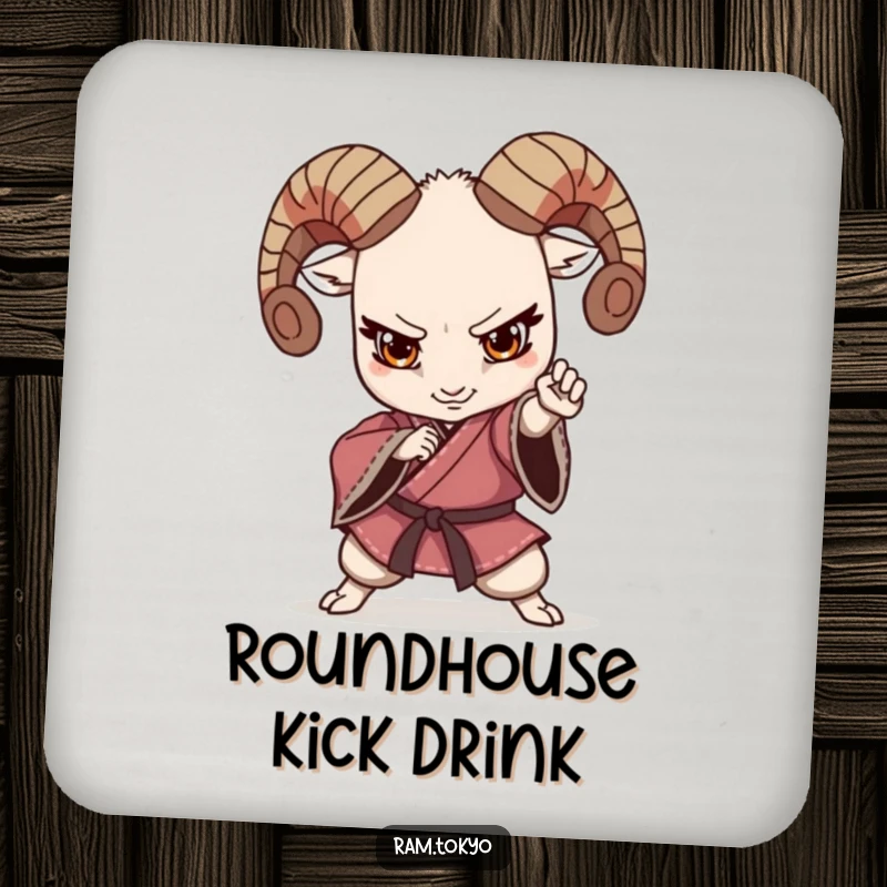 Funny Kimono Ram Drink Coaster featuring a ram in a martial arts pose, wearing a kimono, adding humorous protection.