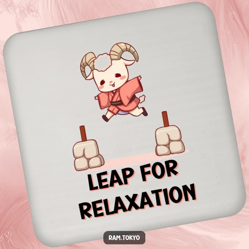 Funny Playful Ram Kimono Drink Coaster featuring a ram in a short kimono leaping over a barrier, adding playful protection.