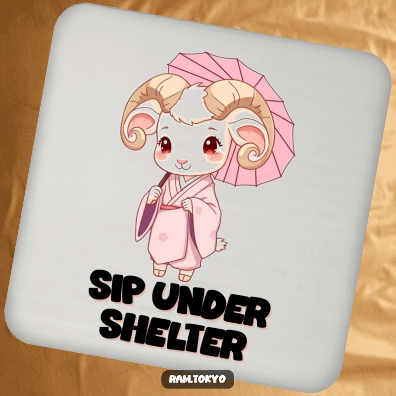 Funny drink coaster featuring a serene ram in a silk kimono, holding a delicate umbrella, for elegant surface protection.