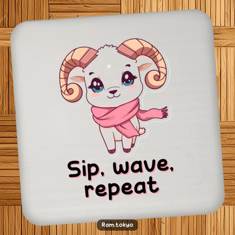 Funny Waving Scarf Ram Coaster: Ram character with playful eyes and a flowing silk scarf waving, protecting surfaces with flair.