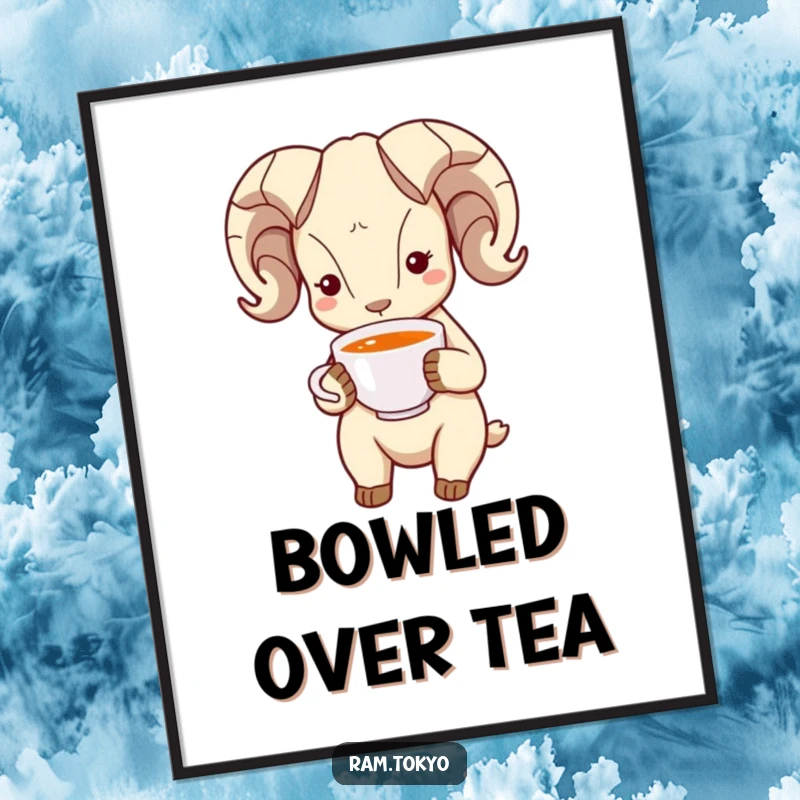 Funny Bowing Ram Poster: Artistic depiction of a ram with simple dot eyes bowing politely, holding a delicate tea cup.