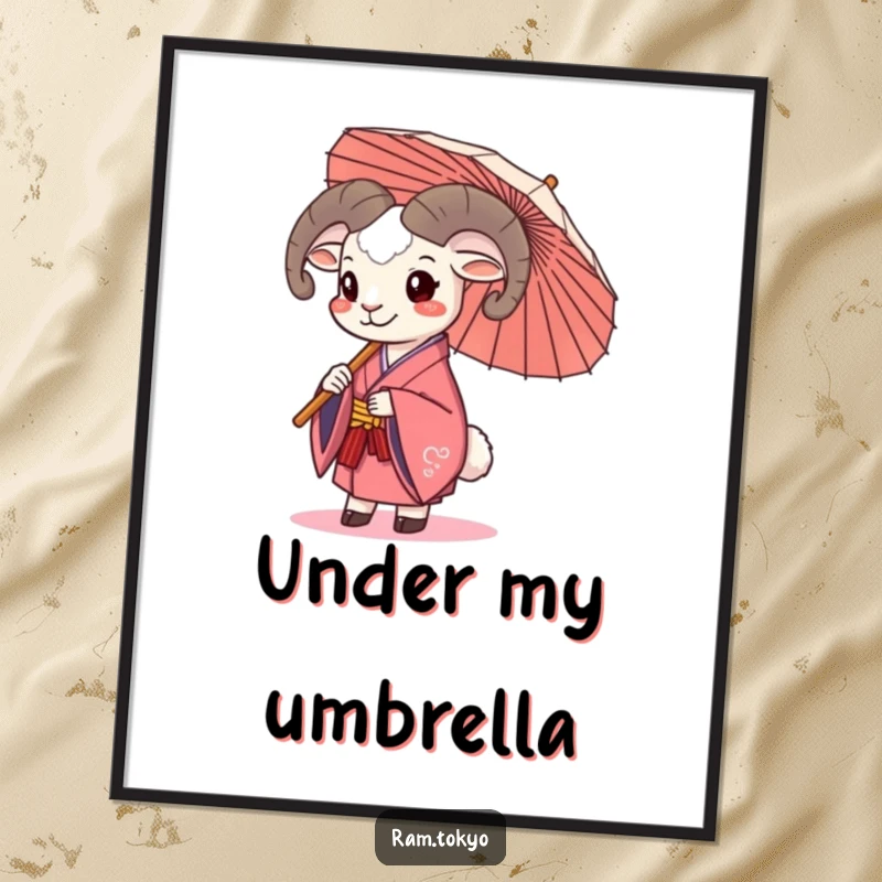 Funny Happy Ram Umbrella Poster depicting a ram in a kimono happily holding a traditional umbrella, radiating joy and humor.