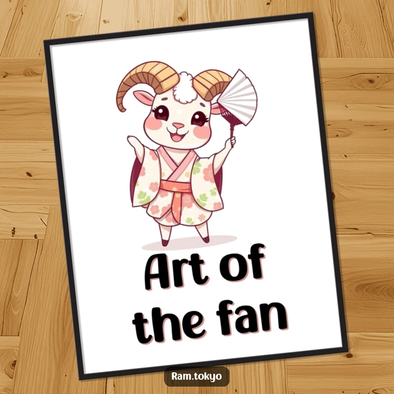 Funny poster art of a cheerful ram in a floral kimono, mid-toss with a decorative paper fan, exuding playfulness.