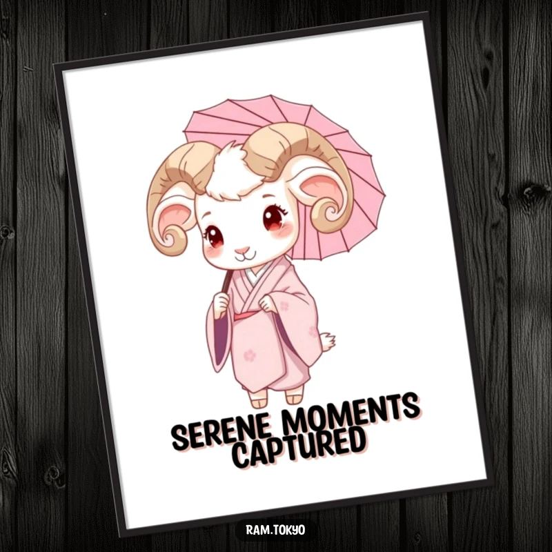 Funny poster art of a serene ram in a silk kimono, holding a delicate umbrella, radiating peaceful elegance.