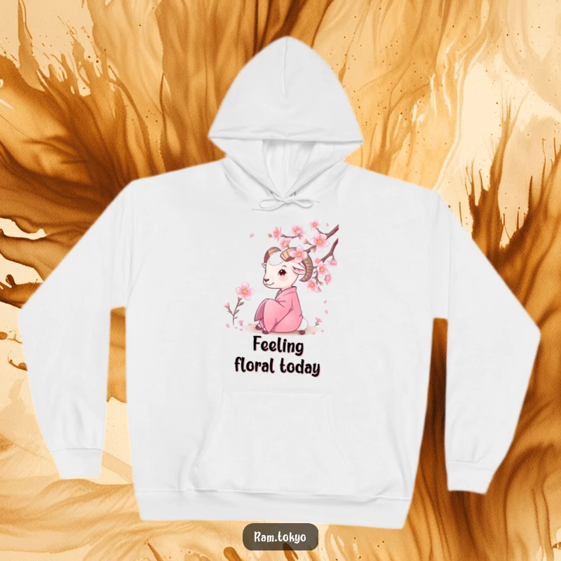 Funny Ram Kimono Hoodie showing a ram in a silk kimono peacefully observing blooming cherry blossoms, creating a serene scene.