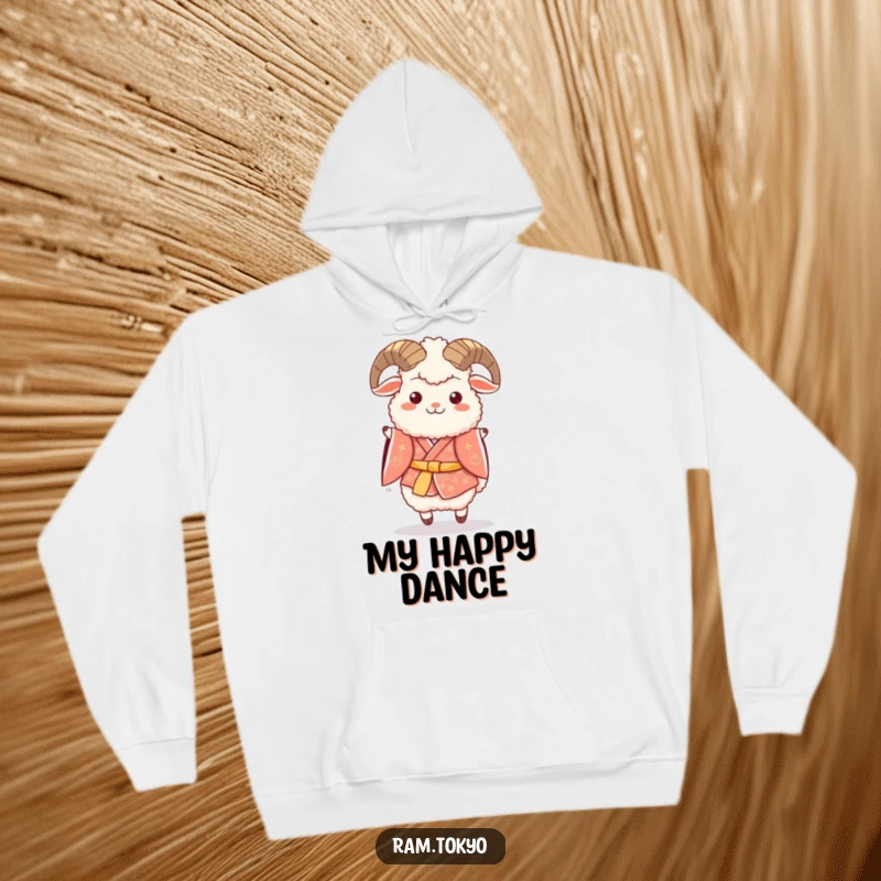 Funny hoodie with a fluffy ram in a festive kimono, joyfully doing a happy hop, perfect for cheerful moments.