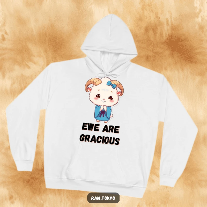 Funny Ram Kimono Hoodie featuring a cute, fluffy ram in a blue kimono bowing gracefully, perfect for cozy style.