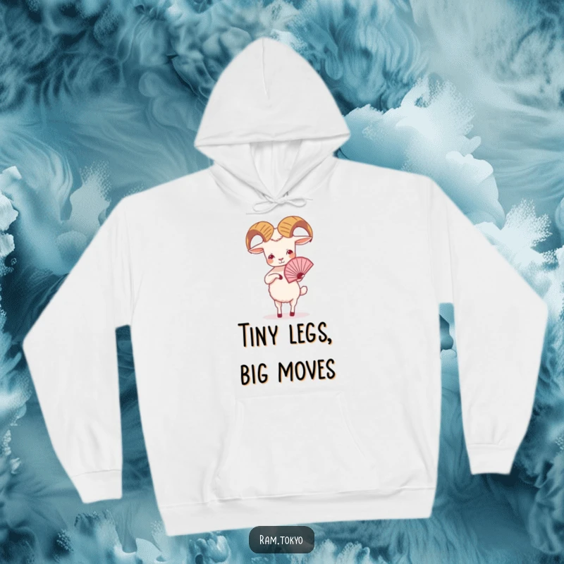 Funny Ram Fan Dance Hoodie: Warm hooded sweatshirt featuring a small ram with tiny legs performing a graceful fan dance.