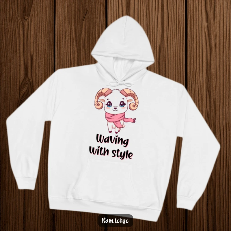 Funny Waving Scarf Ram Hoodie: Warm hooded sweatshirt featuring a playful ram with a beautiful silk scarf waving warmly.