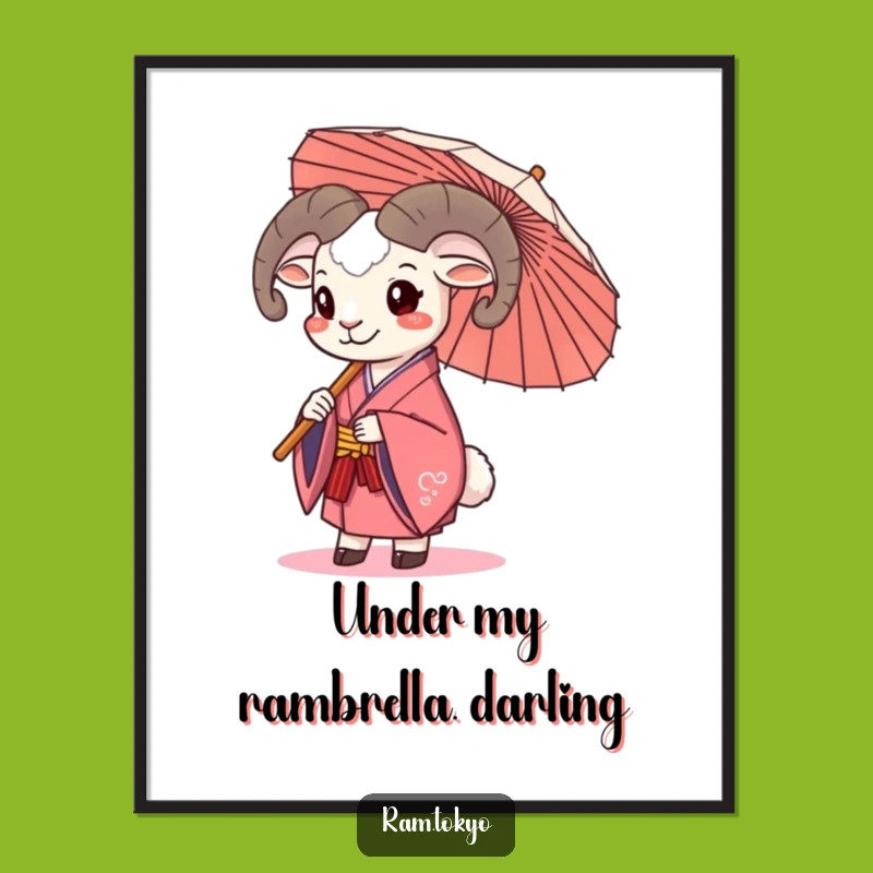 Free Printable Sunny Ram Art: Funny Kimono Umbrella Downloadable Poster