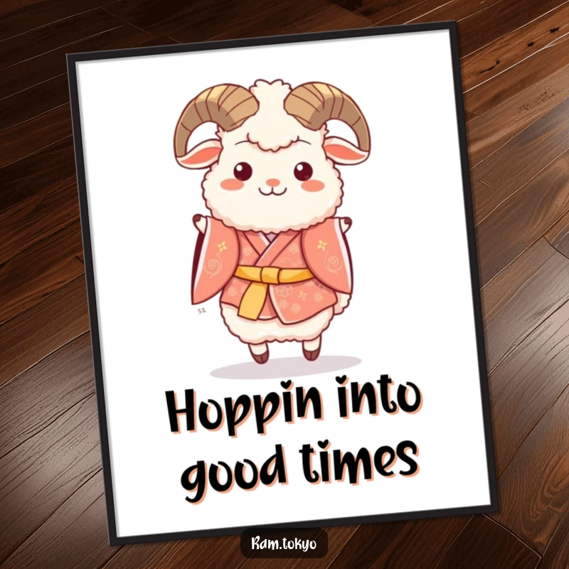 Funny Free Printable Wall Art: Fluffy Ram in Festive Kimono Doing a Happy Hop, Joyful Animal Art