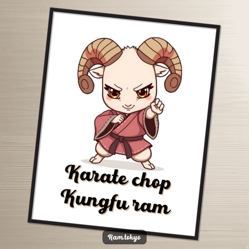 Funny Free Printable wall art featuring a determined ram in a kimono striking a powerful martial arts pose, ready for action.