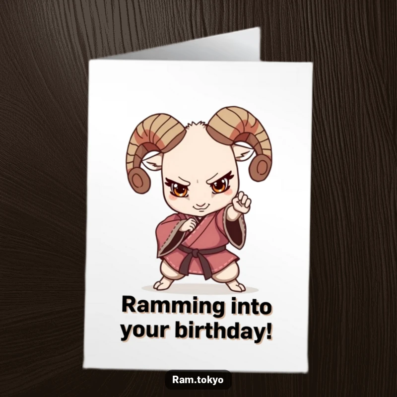Funny Free Printable birthday card featuring a determined ram in a kimono doing a powerful martial arts pose, ready to party.