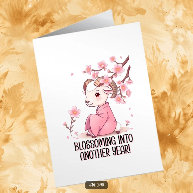 Funny Free Printable birthday card showing a ram in a silk kimono peacefully admiring a blooming cherry blossom, radiating calm.