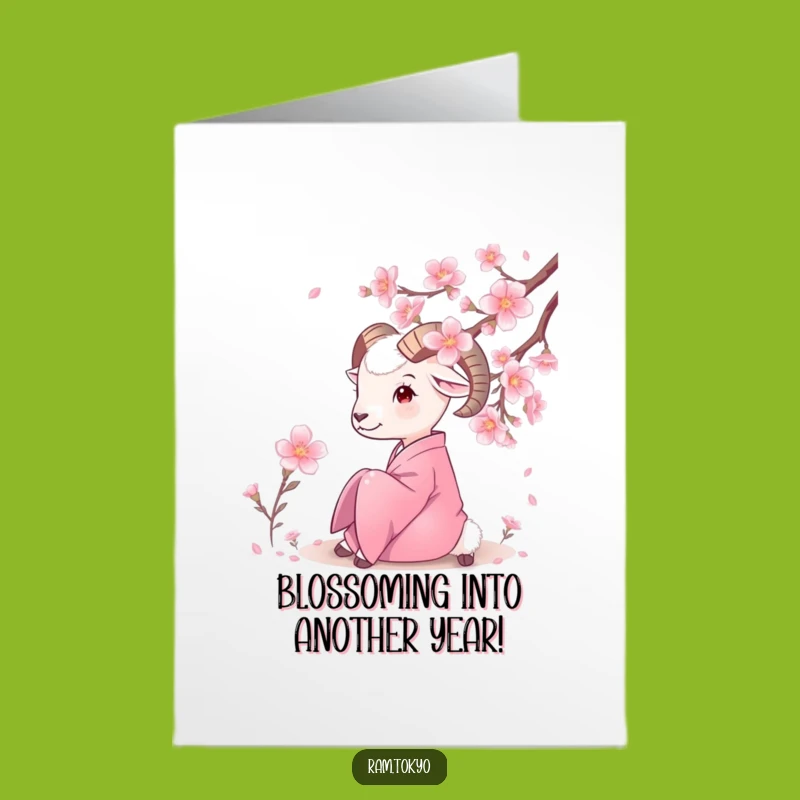 Free Printable Zen Ram Birthday Card: Funny Kimono Blossom Downloadable Greeting