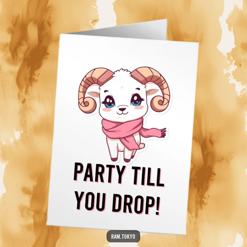 Funny Free Printable Birthday Card of a ram with playful eyes wearing a silk scarf and waving hello happily.