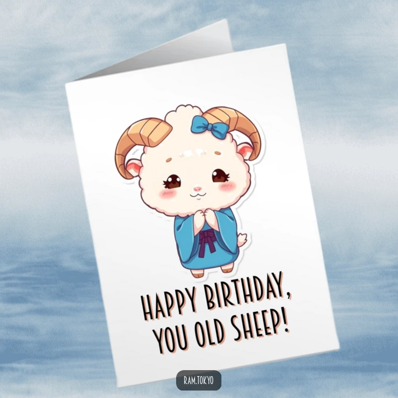 Funny Free Printable Birthday Card: A fluffy ram with cute eyes bows gracefully in a vibrant blue kimono.