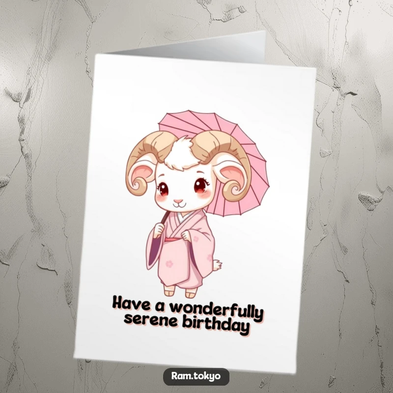 Free Printable Birthday Card: Serene Ram in Silk Kimono Holding Delicate Umbrella, Elegant Greeting