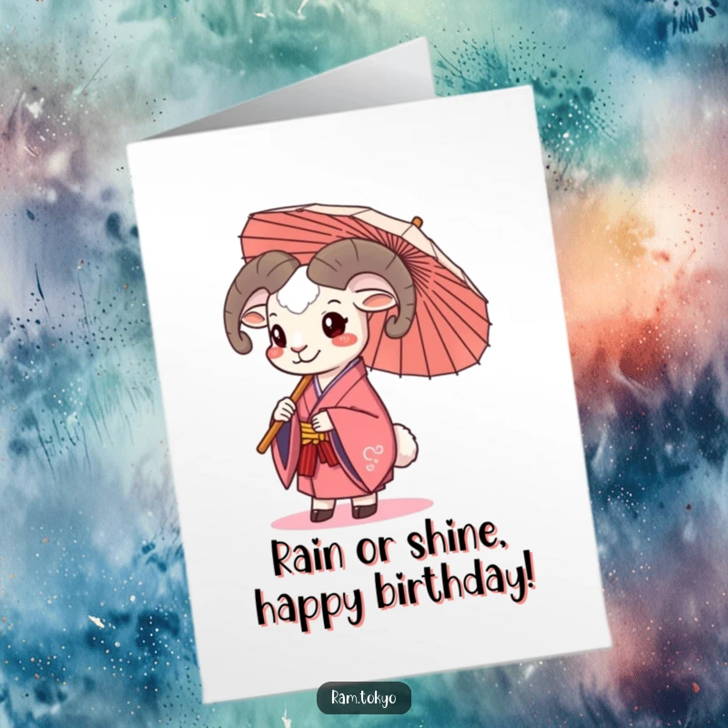 Funny Free Printable birthday card featuring a happily smiling ram in a kimono holding a traditional umbrella, ready for fun.